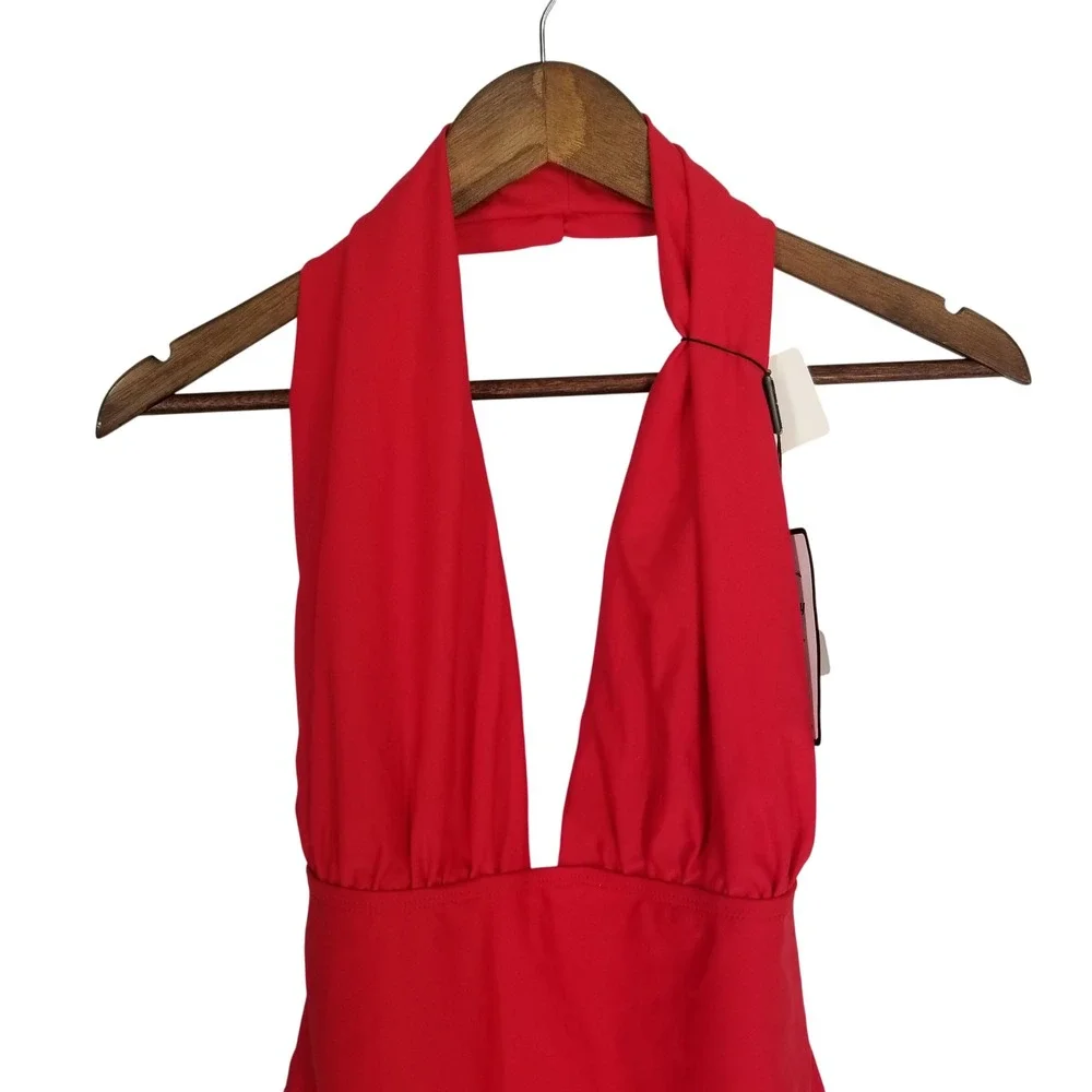 Retro Stage Red Halter One Piece Swimsuit Plunge V-Neck Ruched Waist Large‎ NEW